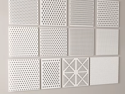White Perforated Panel Components With Various Design Patterns And Grid Layout 3d model