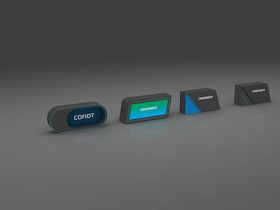 Modern Exhibition Reception Desks With Colorful Panel Designs And Corporate Brand Logos 3d model