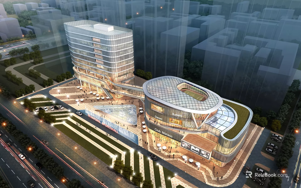 Modern Commercial Complex Featuring Glass Curtain Walls Green Roof And Urban Plaza 3d model 