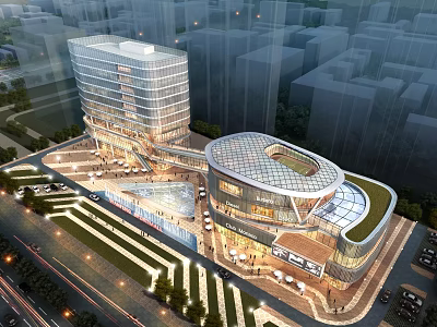 Modern Commercial Complex Featuring Glass Curtain Walls Green Roof And Urban Plaza 3d model