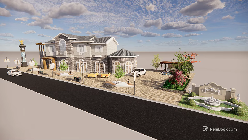 Luxurious Modern Commercial Complex With Courtyard Parking Greenery Fountain And Outdoor Seating 3d model 