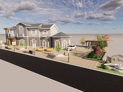 Luxurious Modern Commercial Complex With Courtyard Parking Greenery Fountain And Outdoor Seating 3d model