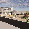 Luxurious Modern Commercial Complex With Courtyard Parking Greenery Fountain And Outdoor Seating