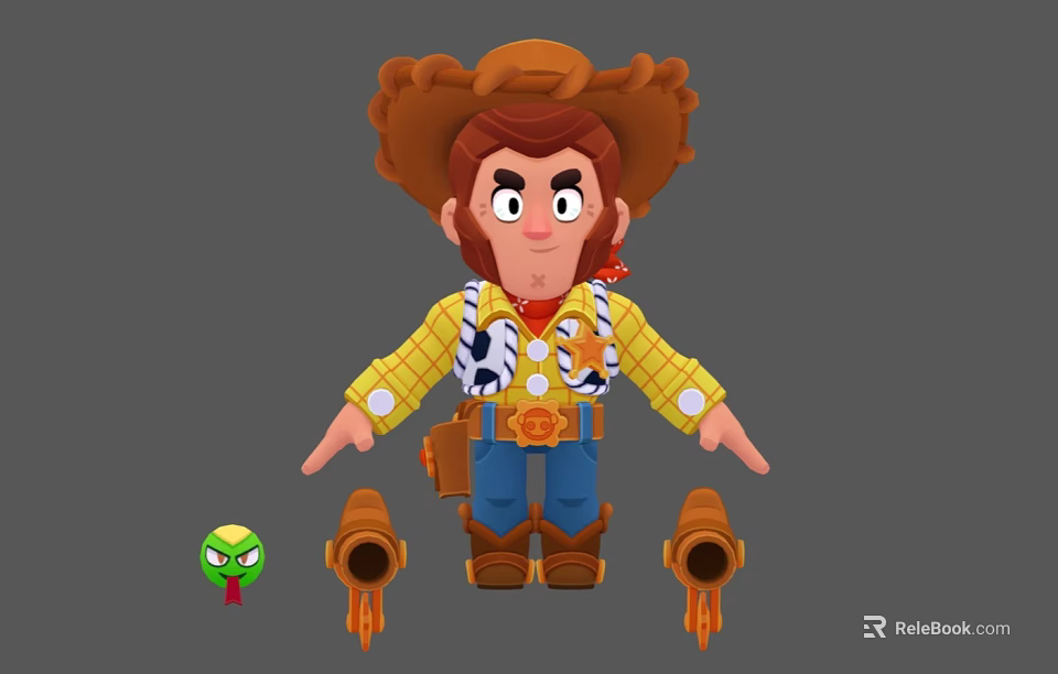 Cartoon Man Dressed As Cowboy With Brown Hat Yellow Plaid Shirt Blue Jeans Boots And Accessories 3d model 
