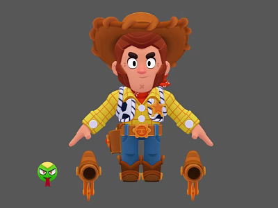 Cartoon Man Dressed As Cowboy With Brown Hat Yellow Plaid Shirt Blue Jeans Boots And Accessories 3d model