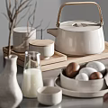Elegant White Ceramic Tableware Set With Teapot Bowls Cups And Wooden Tray