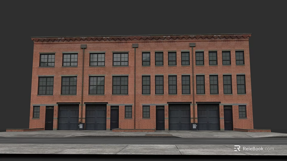 Red Brick Residential Building With Multiple Windows And Black Garage Doors 3d model 