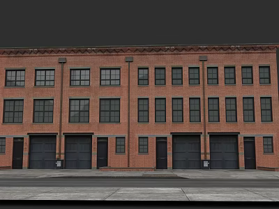Red Brick Residential Building With Multiple Windows And Black Garage Doors 3d model