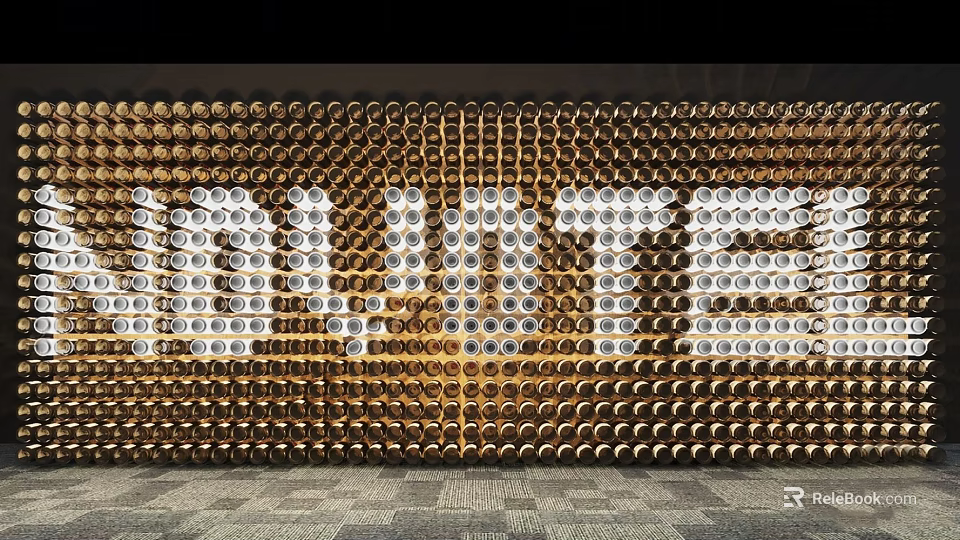 Golden Decorative Lights Forming INNOVATE Word on Wall with Black Background and Gray Checkered Floor 3d model 