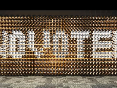 Golden Decorative Lights Forming INNOVATE Word on Wall with Black Background and Gray Checkered Floor 3d model
