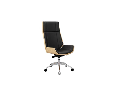 Black Leather Office Chair With Wooden Backrest And Silver Base Wheels 3d model