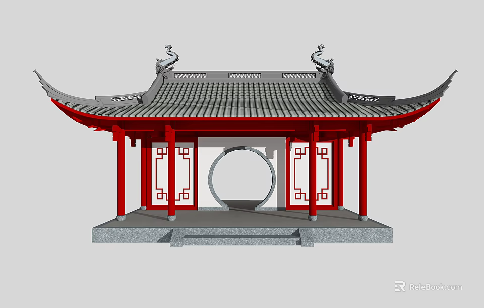 Traditional Chinese Pavilion Architecture With Circular Archway Red Columns And Carved Windows 3d model 