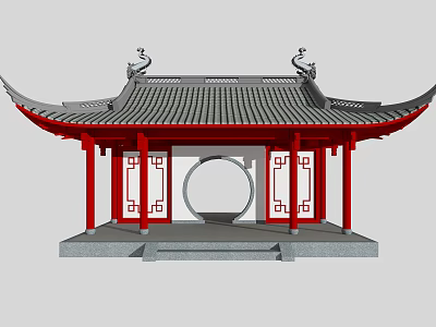 Traditional Chinese Pavilion Architecture With Circular Archway Red Columns And Carved Windows 3d model