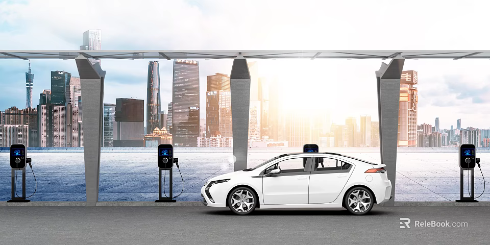 White Electric Car Being Charged At Urban Charging Station With City Skyline 3d model 