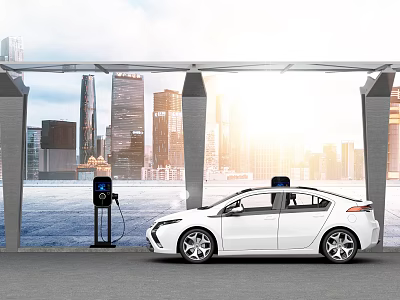 White Electric Car Being Charged At Urban Charging Station With City Skyline 3d model