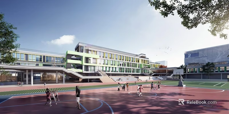 Modern School Building With Multi Story Structure Basketball Court And Students Playing 3d model 