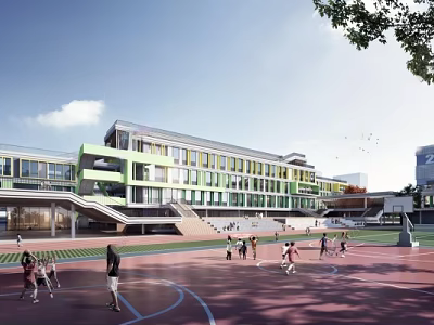 Modern School Building With Multi Story Structure Basketball Court And Students Playing 3d model