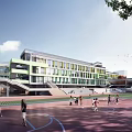 Modern School Building With Multi Story Structure Basketball Court And Students Playing