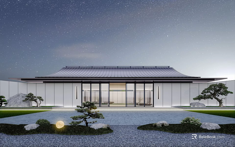 Elegant Modern Sales Office Building Night View Featuring Starry Sky Courtyard Green Plants And Lighting 3d model