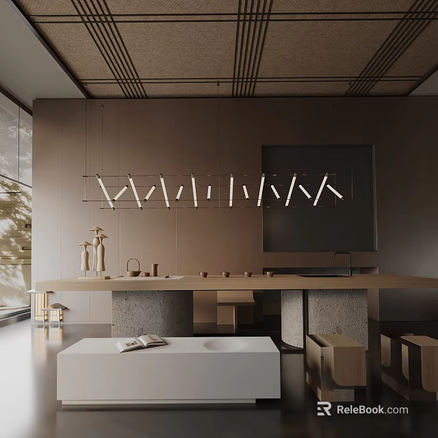 Modern Wooden Dining Table Set With Hanging Pendant Lights And Bench Seats In Warm Tones 3d model 