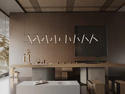 Modern Wooden Dining Table Set With Hanging Pendant Lights And Bench Seats In Warm Tones 3d model