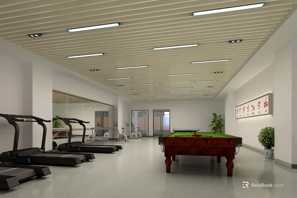 Spacious Fitness Gym Interior With Treadmills Billiard Table Mirrors Bright Lighting And Green Plants 3d model 