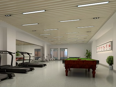 Spacious Fitness Gym Interior With Treadmills Billiard Table Mirrors Bright Lighting And Green Plants 3d model