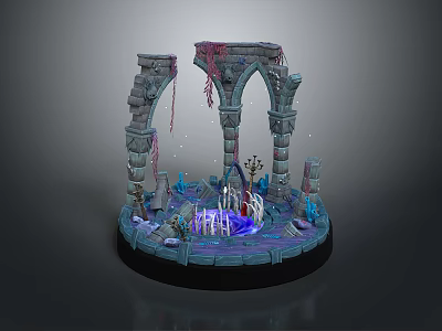 Enchanted Ruin Scene With Stone Arches Pillars Glowing Pool And Blue Purple Lighting 3d model