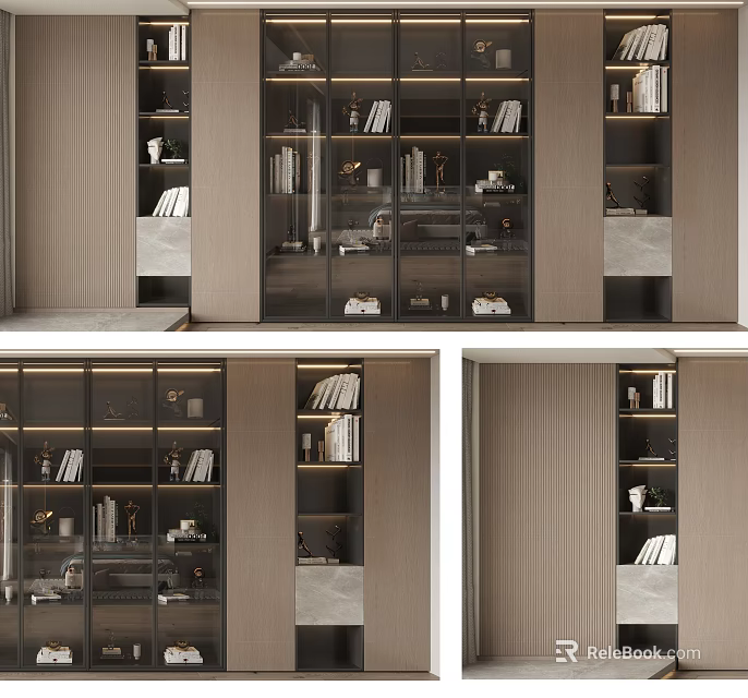 Modern Elegant Decorative Cabinet With Glass Doors And Wooden Shelves Holding Books And Decorations 3d model 