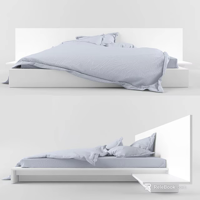 Modern Double Bed With Light Blue Bedding And White Frame Design 3d model 