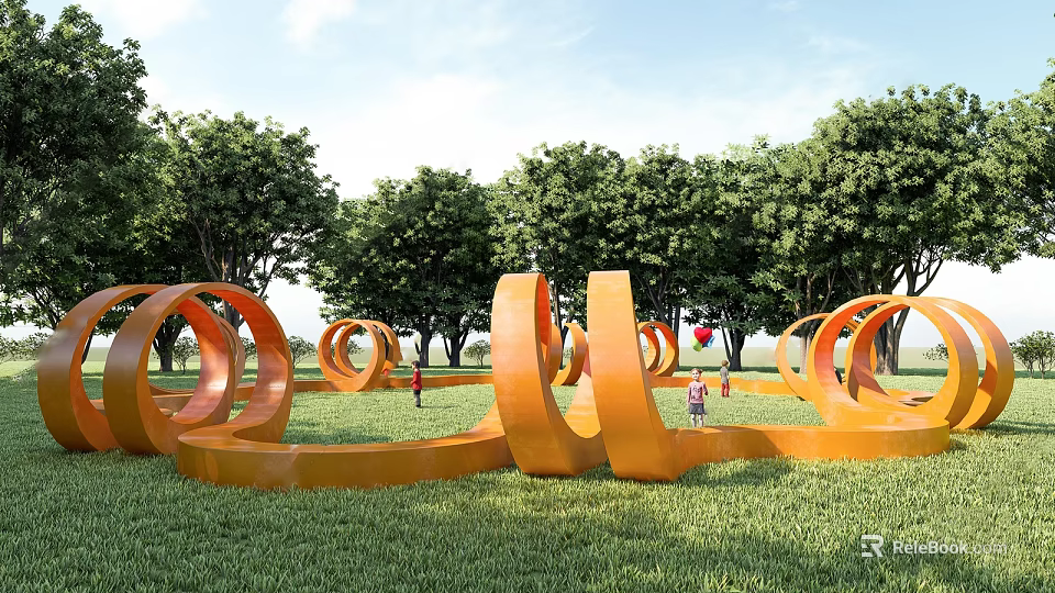 Orange Circular Art Installation On Green Lawn Surrounded by Trees With People Around 3d model 