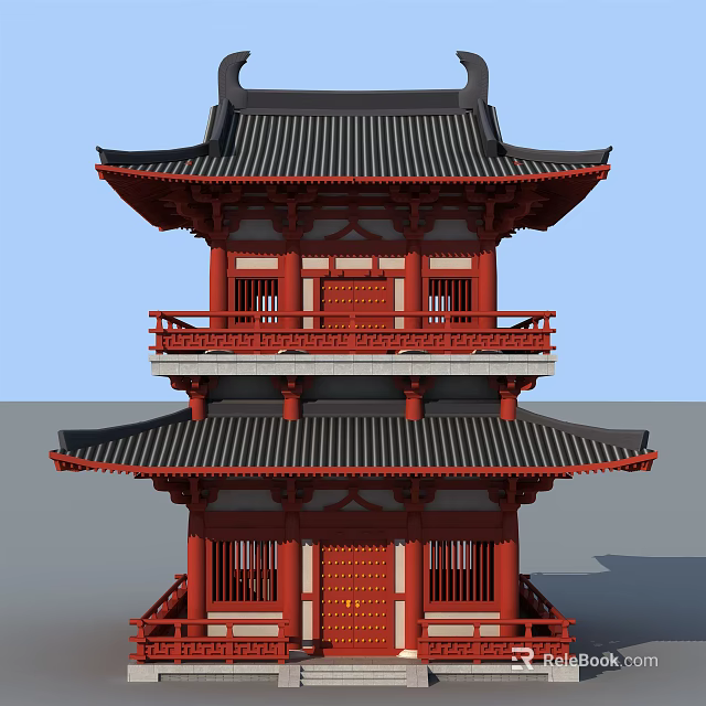 Traditional Chinese Ancient Architecture With Red Pillars Black Roof And Eaves Design 3d model 