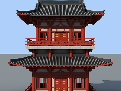 Traditional Chinese Ancient Architecture With Red Pillars Black Roof And Eaves Design 3d model