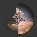 Witch Flying On Broom With Black Cat And Halloween Pumpkin Under Full Moon Night Sky