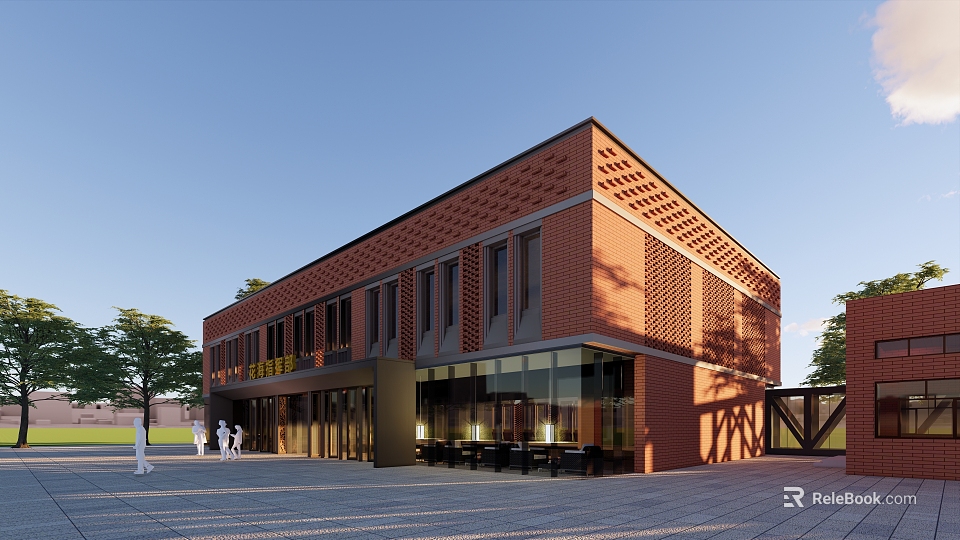 Modern Red Brick Sales Office Building With Large Glass Windows And Front Plaza 3d model 