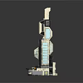 Modern Sci Fi Tower Structure With Blue Glass Windows And Orange Base Modules