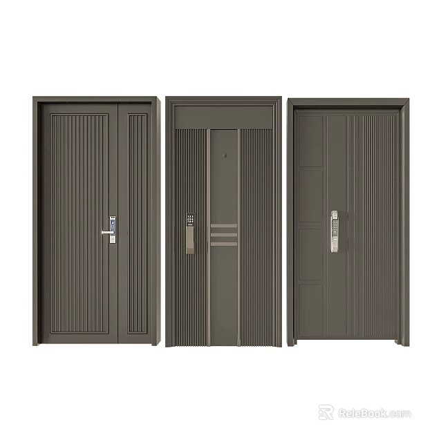 Modern Dark Security Doors With Vertical Stripe Design And Metal Handles 3d model 