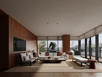 Modern Living Room With Wooden Wall TV Sofa Coffee Table Large Windows And Natural Light 3d model