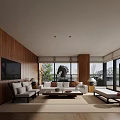 Modern Living Room With Wooden Wall TV Sofa Coffee Table Large Windows And Natural Light