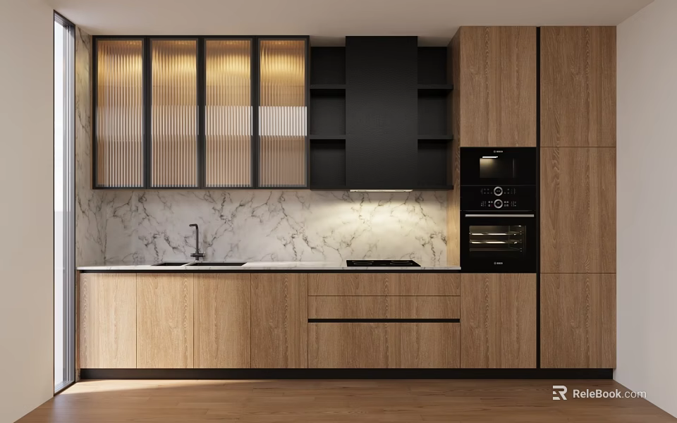 Modern Kitchen Interior With Wooden Cabinets Black Range Hood And Marble Countertop 3d model 