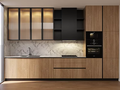 Modern Kitchen Interior With Wooden Cabinets Black Range Hood And Marble Countertop 3d model