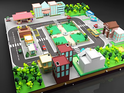 Aerial Urban Planning Layout Featuring Residential Commercial Buildings Roads Green Spaces and Trees 3d model