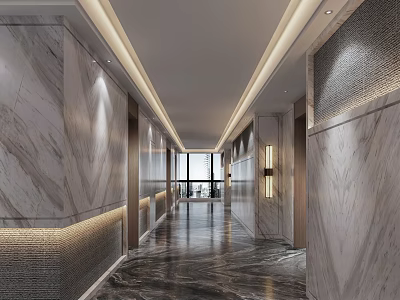 Luxurious Elevator Hallway Interior With Marble Walls Polished Flooring And Recessed Lighting 3d model