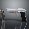 Silver Metallic Pistol Handgun With Detachable Magazine On Black Reflective Surface