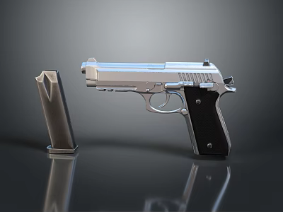 Silver Metallic Pistol Handgun With Detachable Magazine On Black Reflective Surface 3d model