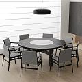 Dining Room Interior With Round Table Set White Tabletop Black Legs And Six Gray Chairs 3d model