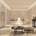 Elegant Bridal Shop Showcasing Luxury Wedding Dress on Round Platform with Marble Floor and Mirrors