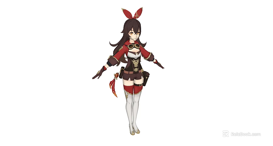 Game and Movie Character with Long Black Hair Red Rabbit Ears and Traditional Outfit Details 3d model 