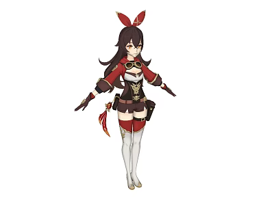 Game and Movie Character with Long Black Hair Red Rabbit Ears and Traditional Outfit Details 3d model