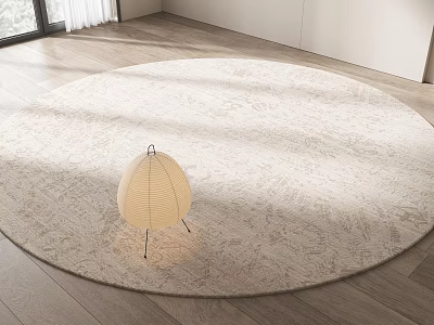 Soft Textured Light Beige Round Area Rug on Wooden Floor with Lantern Lamp 3d model